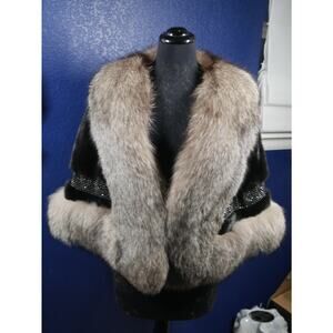 Stunning Black female Mink & Indigo Fox Fur Stole Wrap Cape Coat Jacket
